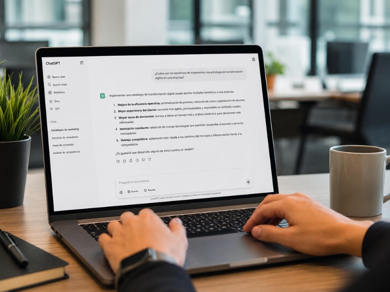 Persona utilizando ChatGPT en un ordenador portátil para resolver dudas de empresa